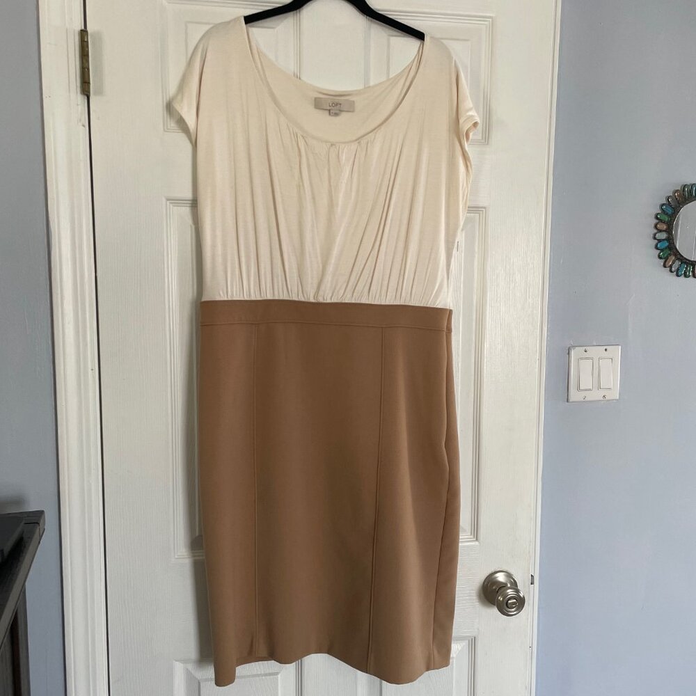 Ann Taylor LOFT Colorblock Blouson Dress Size 14 Cream Beige